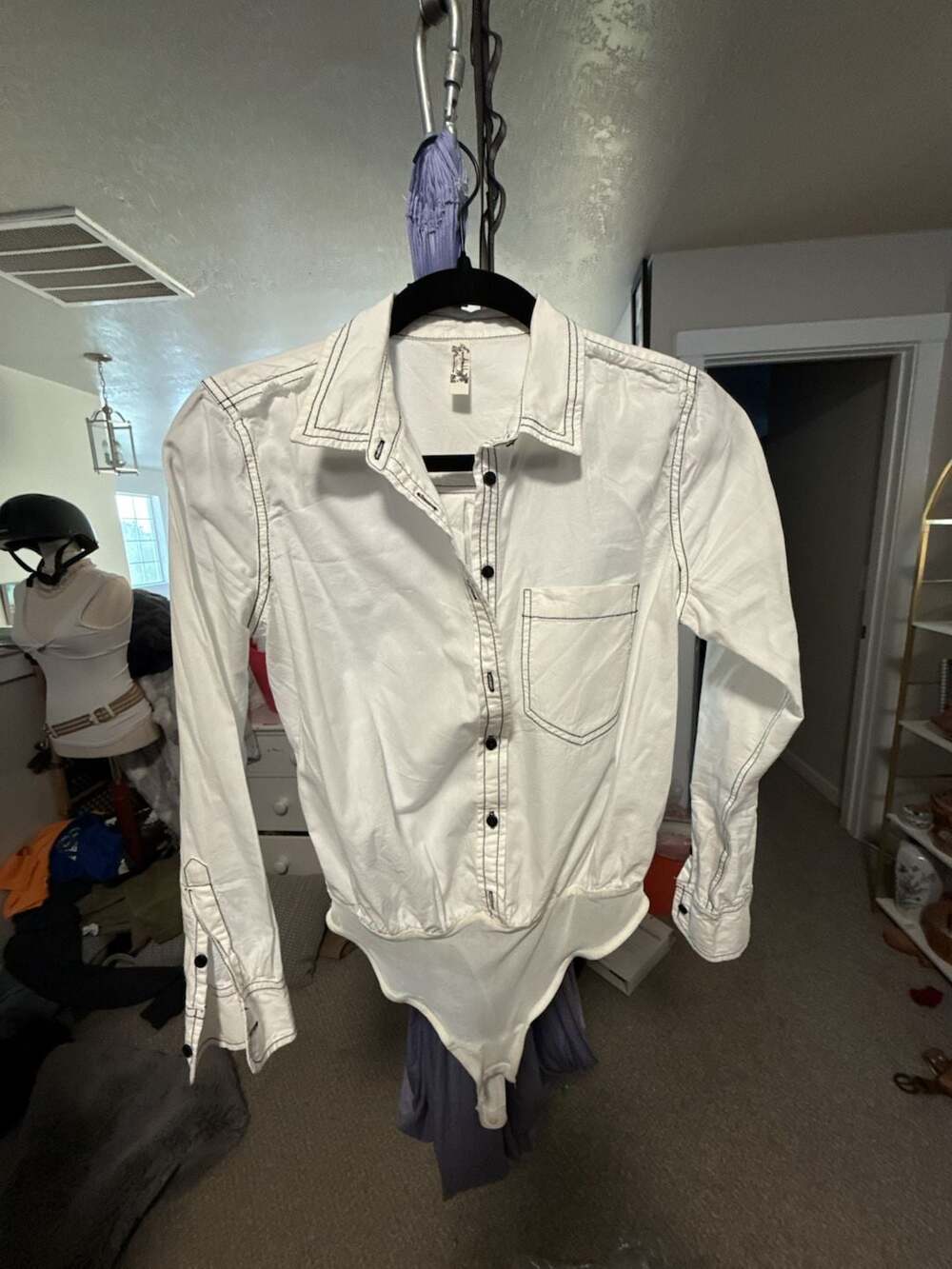 Free People Intimately White Contrast Stitch Bodysuit Shirt Size XS